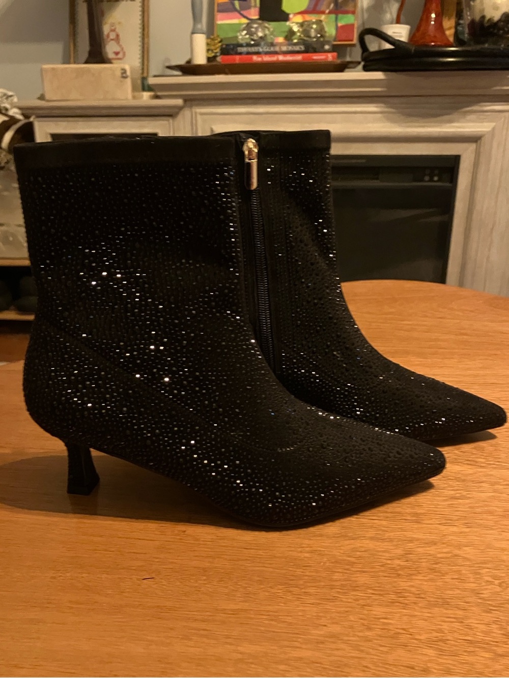 Black Sparkle Pointed-Toe Kitten Heel Ankle Boots